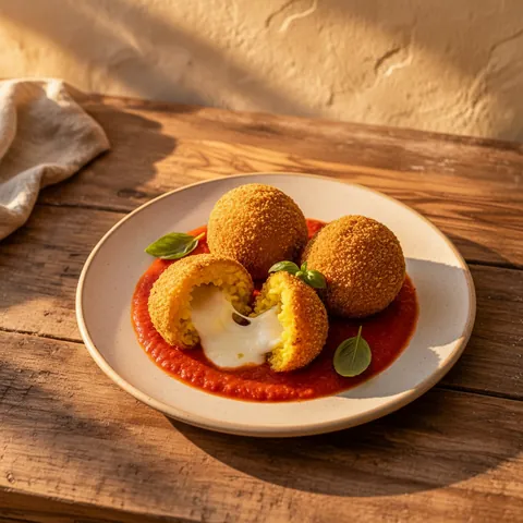 Arancini: Three saffron rice balls with a mozzarella heart, served on tomato sugo.