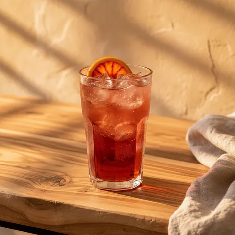 Blood orange soda: Sicilian blood orange, lightly sparkling, served over ice.