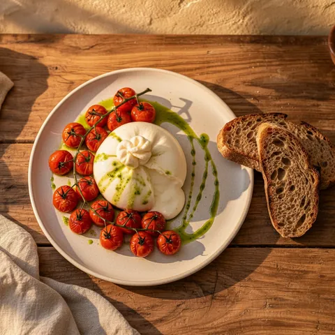Burrata: Whole burrata, slow-roasted cherry tomatoes, basil oil, wood-fired bread.