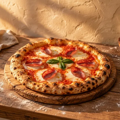 Diavola: Tomato, fior di latte, spicy salami, a little chilli oil and a few basil leaves.