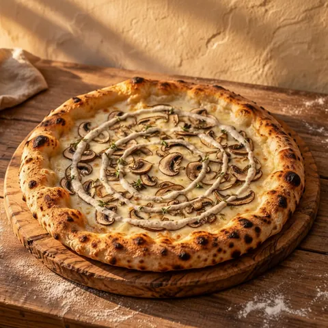 Funghi e tartufo: White base, fior di latte, roasted mushrooms, truffle cream, thyme.