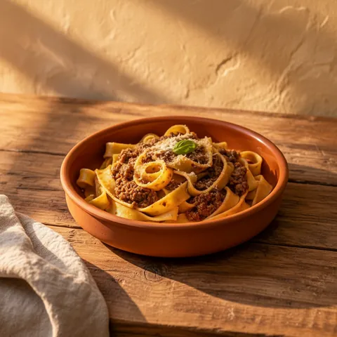 Pappardelle al ragu: Hand-cut ribbons under a slow beef and pork ragu cooked for six hours.