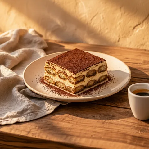 Tiramisu: Savoiardi soaked in espresso, mascarpone cream, cocoa. Made every morning.