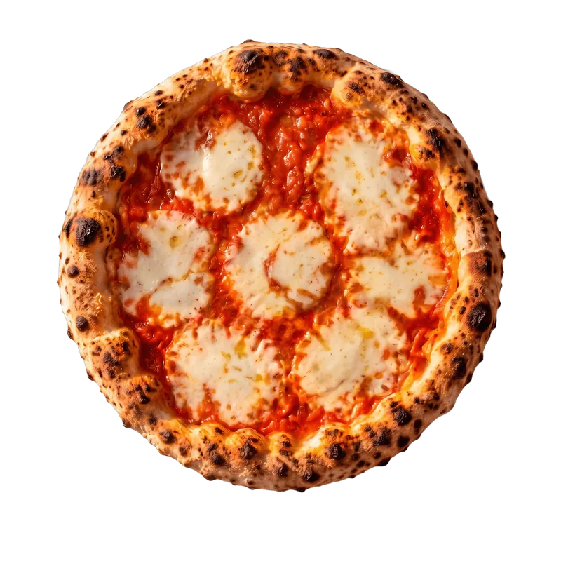 The baked pizza: melted mozzarella and a charred, blistered crust, no basil yet.