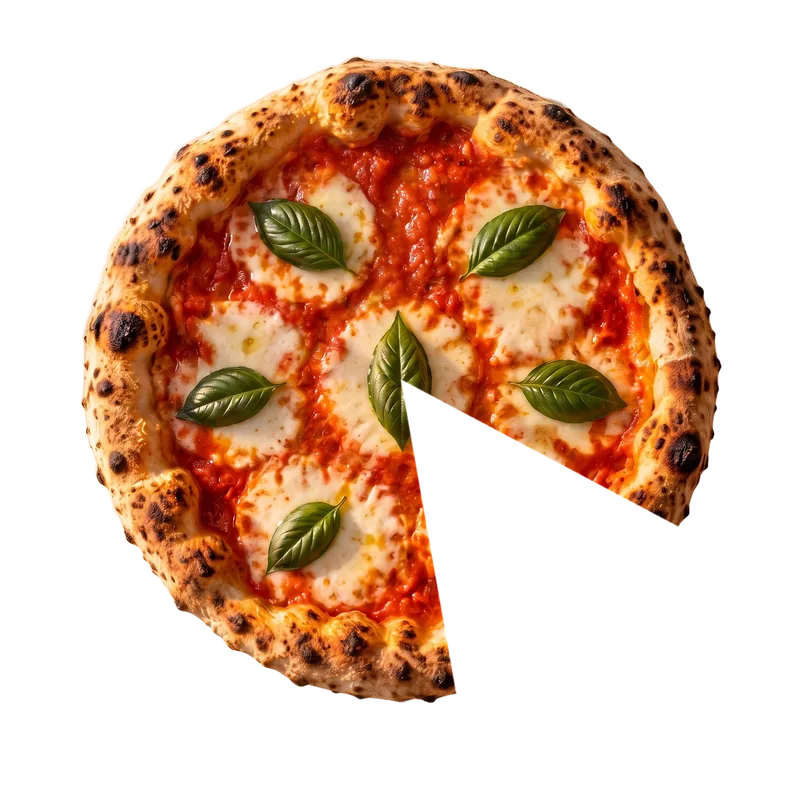 The finished Margherita with one slice lifted away, strings of mozzarella across the gap.