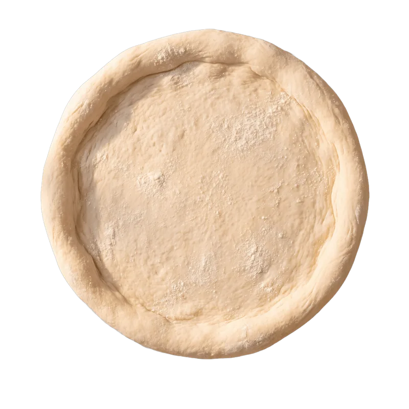 A round of stretched pizza dough, dusted with flour.