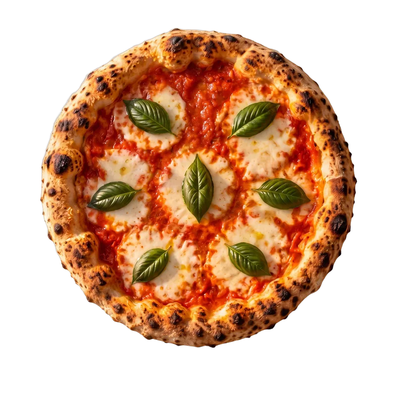 The finished Margherita with seven basil leaves and a sheen of olive oil.