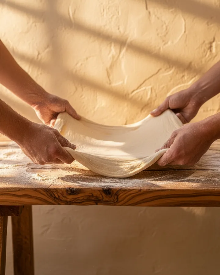 Two floured hands stretching a round of pizza dough on an olive wood bench.