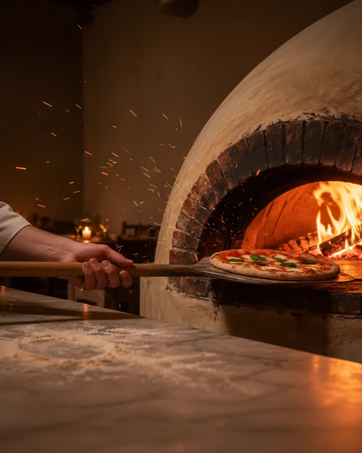 A hand sliding a long wooden peel into the glowing mouth of a wood-fired oven.